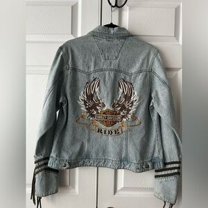 Harley-Davidson Embroidered Denim Jacket Fringe Sleeves Wings Graphic Size M